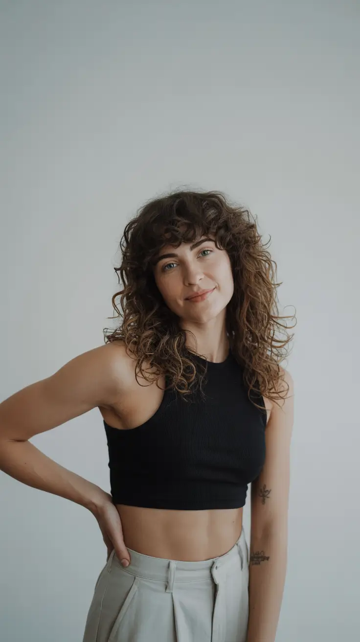 haircuts for long hair 2026 Textured Curls with Flirty Fringe