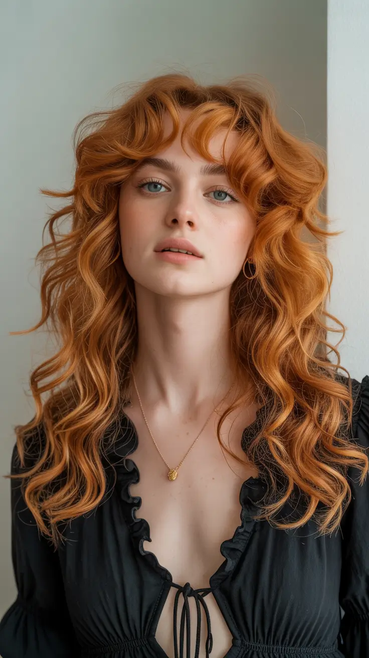 haircuts for long hair 2026 Romantic Copper Waves with Volume Bangs