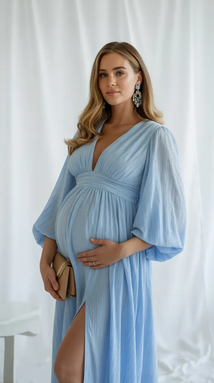 pregnancy outfits 2026 Soft Blue Evening Glow