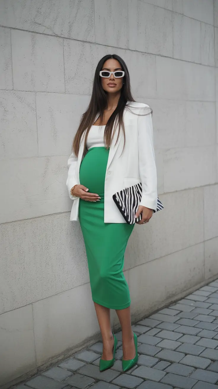 pregnancy outfits 2026 Green Glamour: Power Dressing for Two