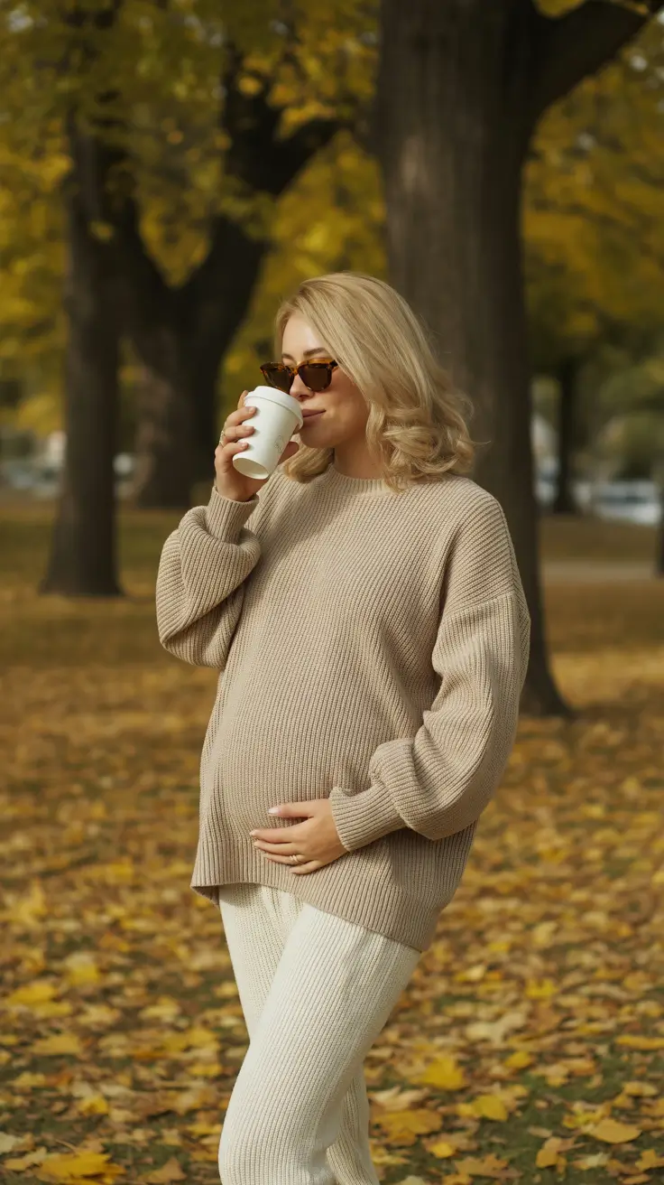 pregnancy outfits 2026 Beige Warmth: Cozy Autumn Energy