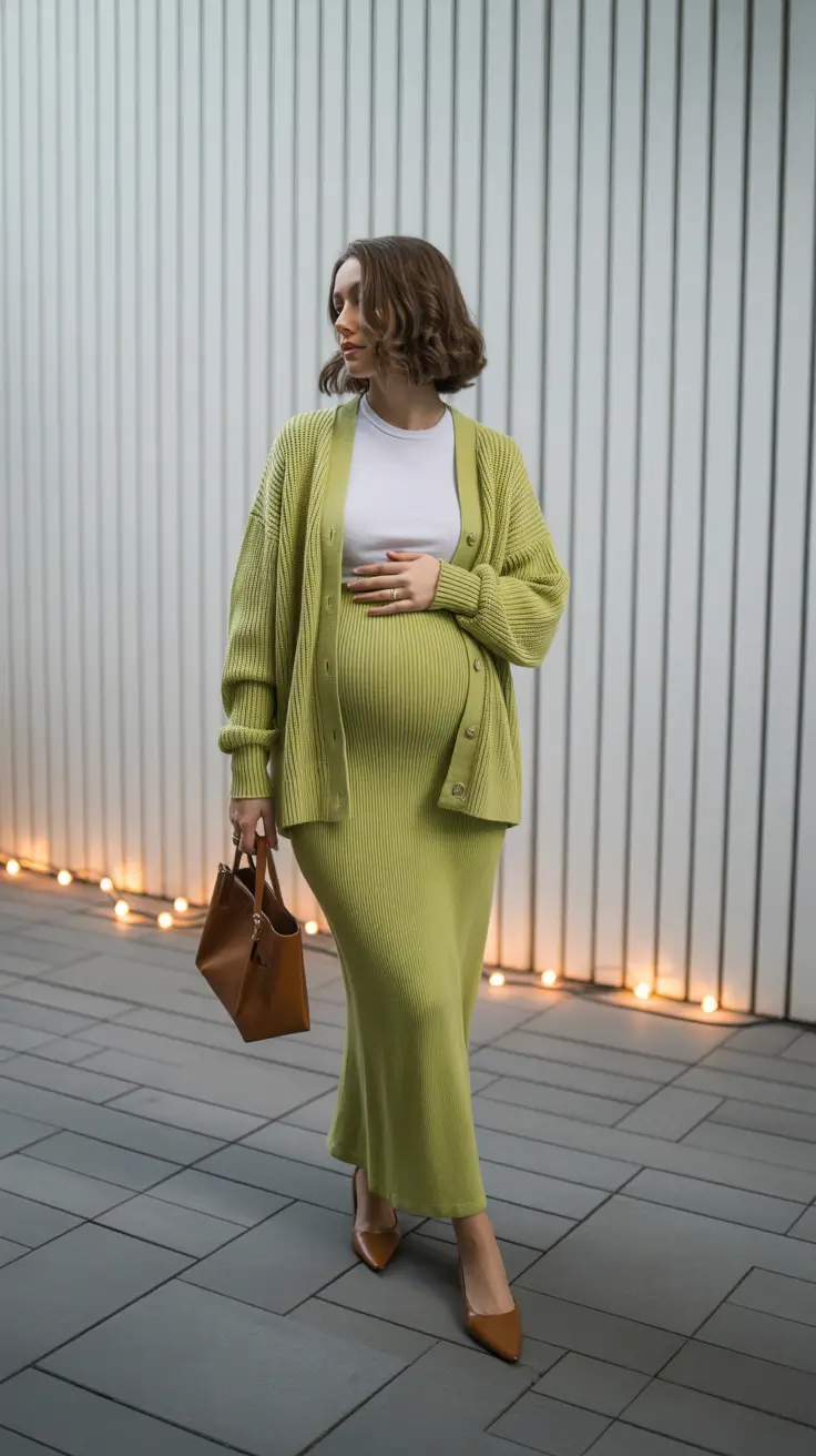 pregnancy outfits 2026 Lime Serenity: Autumn Light with a Twist