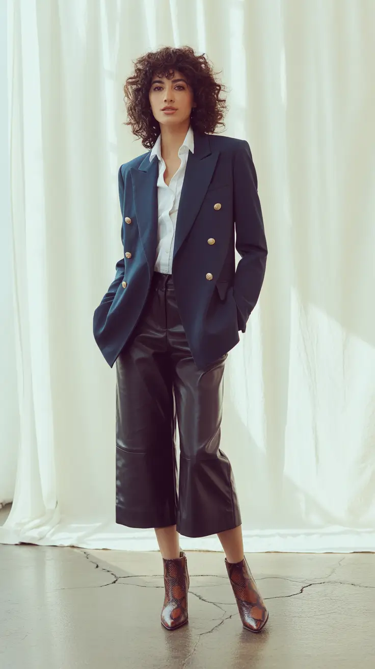 business casual outfits 2026 Structured Navy and Leather Contrast