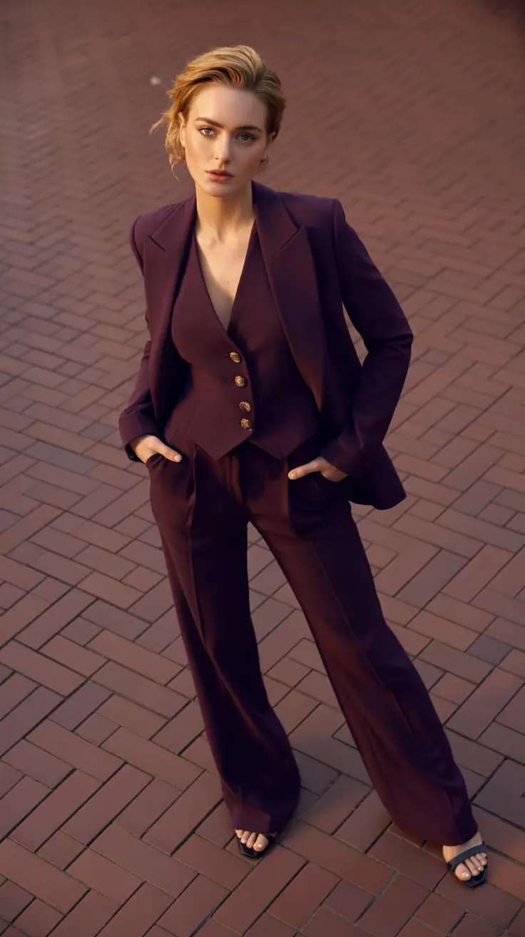 business casual outfits 2026 Deep Plum Suit Quiet Power Loud Presence