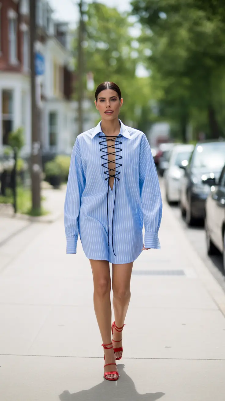 new york outfits 2026 Effortless City Edge In A Lace Up Shirt Dress