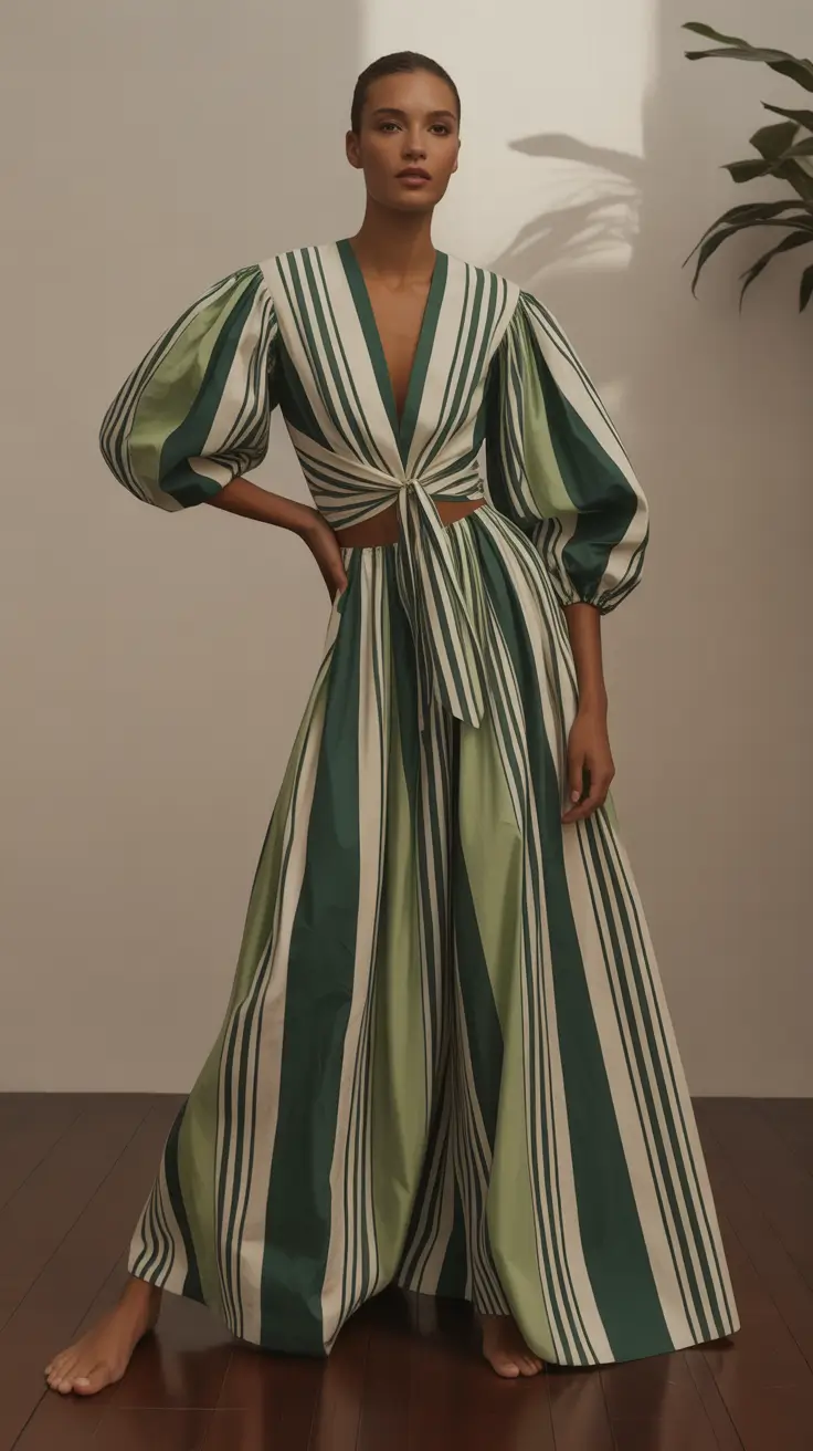 new york outfits 2026 Modern Romance With Green Stripes And Volume