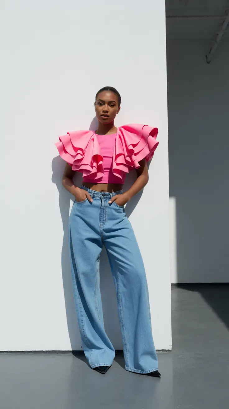 new york outfits 2026 Bold Pink Drama Meets Denim Ease