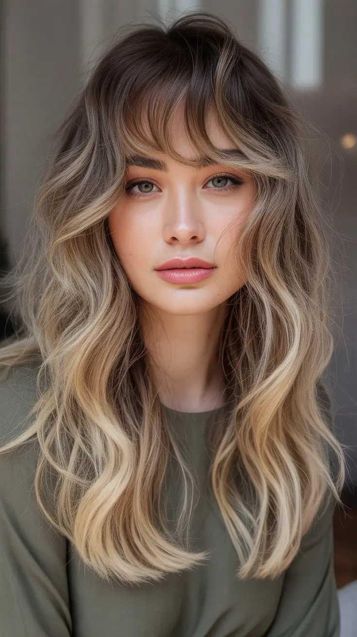 haircut 2026 Soft Balayage Waves with Feathered Fringe