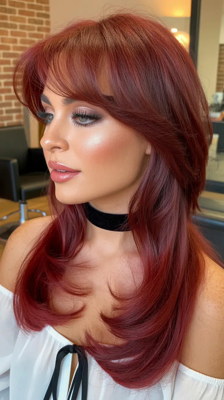 haircut 2026 Deep Crimson Layers with Soft Fringe