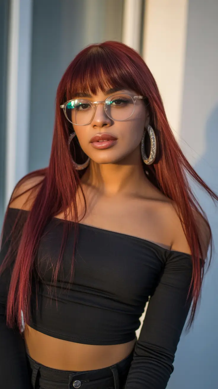 red hair colors 2026 dark cherry red with bangs