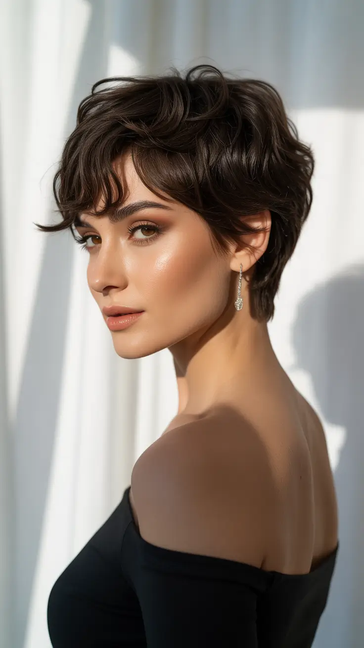 haircut for round face 2026 Soft Tousled Pixie with Side Texture