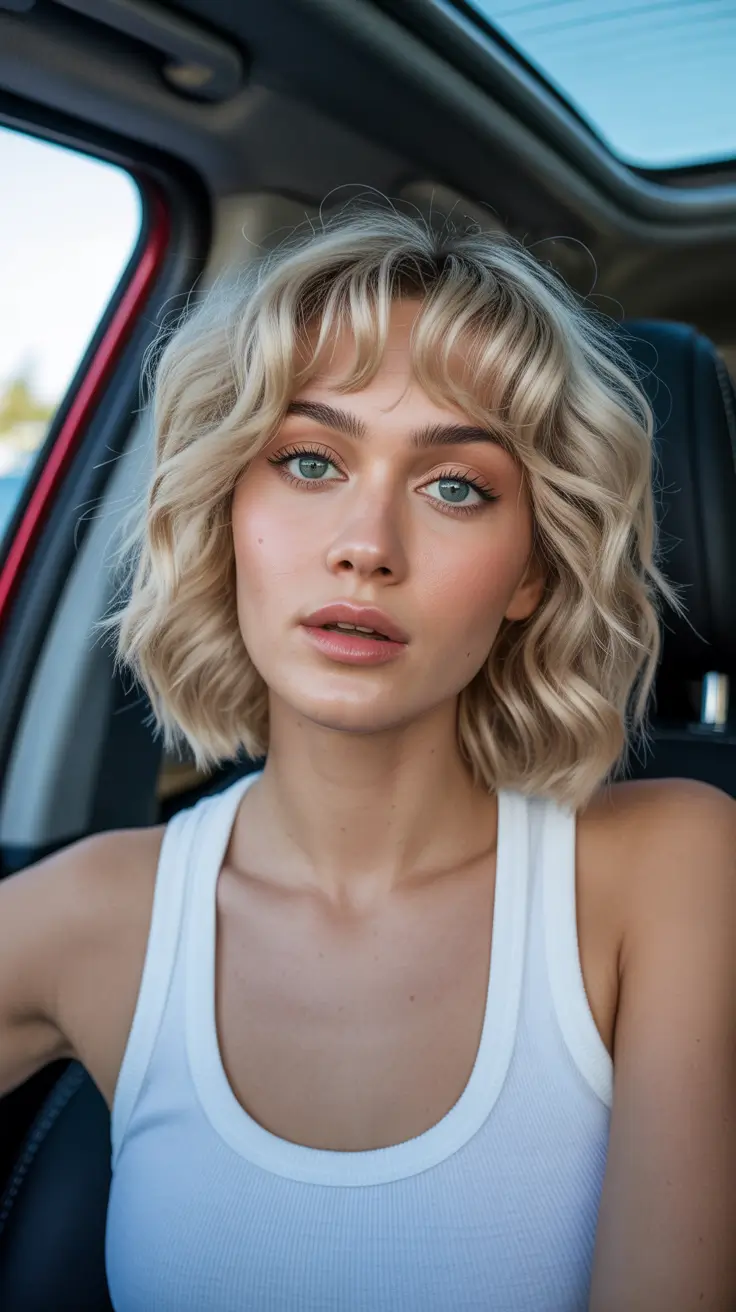 haircut for round face 2026 Textured Mid Length Waves