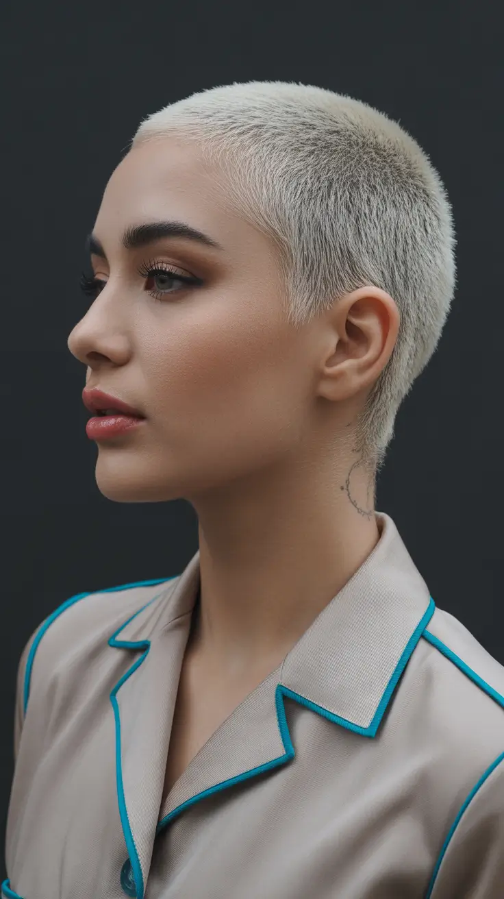 Slimming haircuts for round faces 2026 Ultra Short Platinum Buzz Confidence