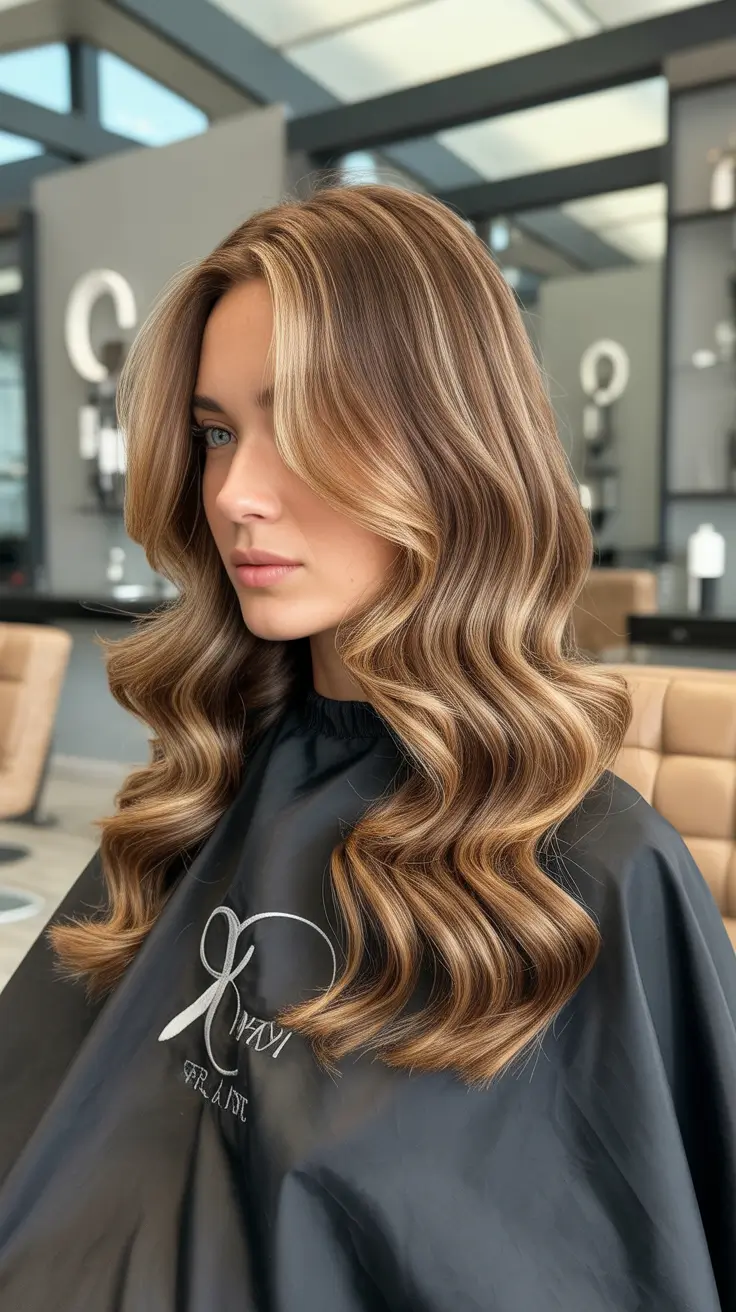 Slimming haircuts for round faces 2026 Golden Long Waves with Face Framing Layers