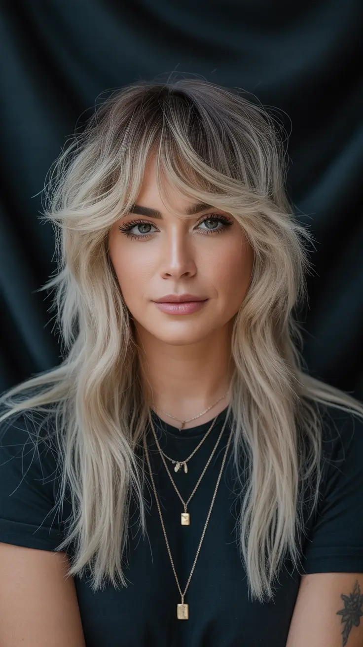 shag haircut 2026 Platinum Layers with Airy Bangs