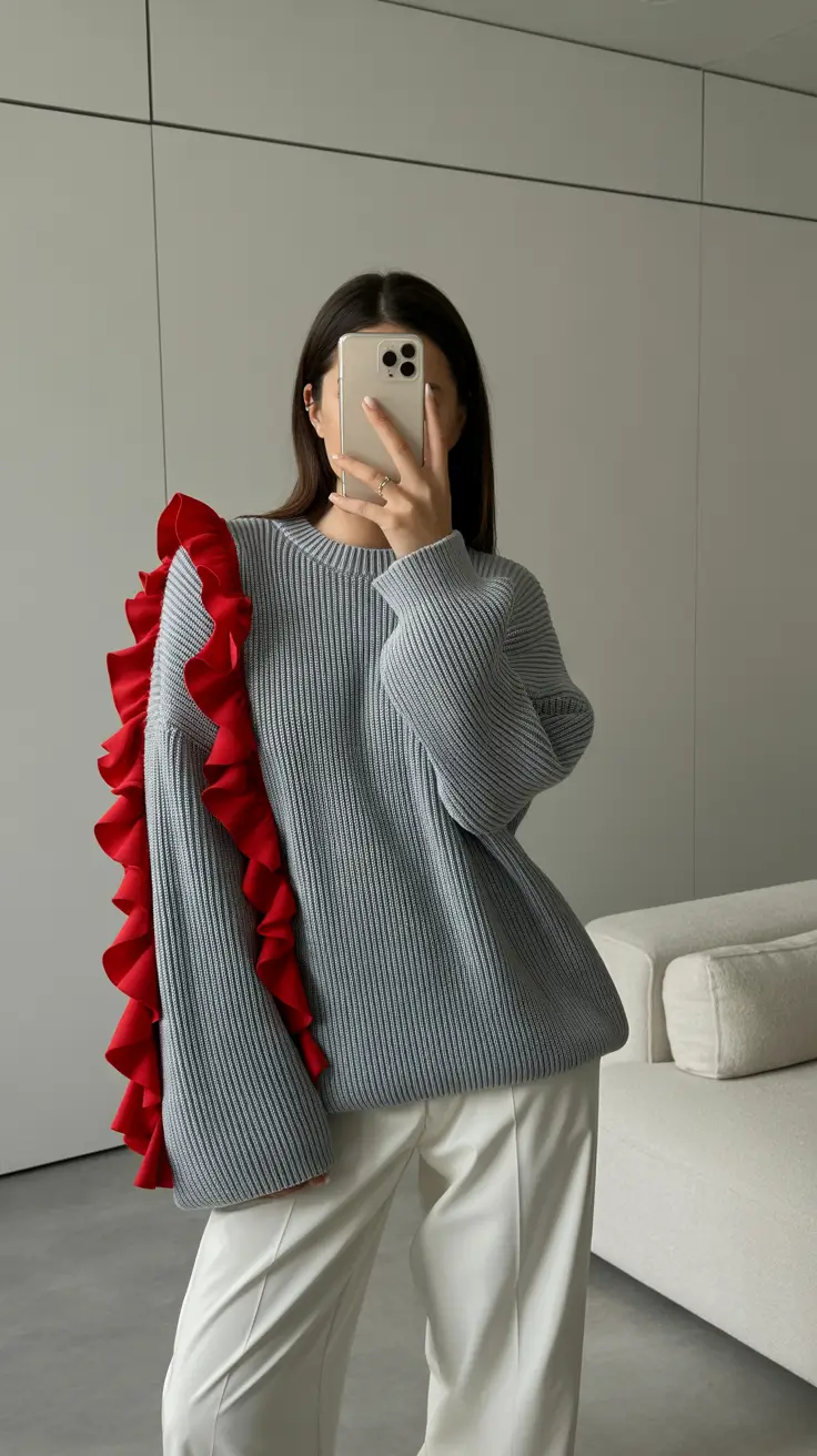 sweater outfits 2026 Avant-Garde with a Pop of Red