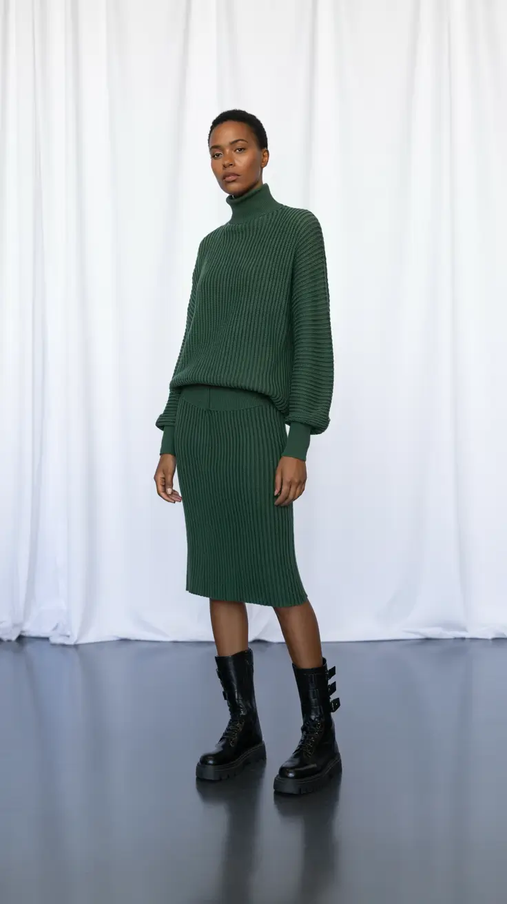 sweater outfits 2026 Monochrome Power Deep Green Serenity