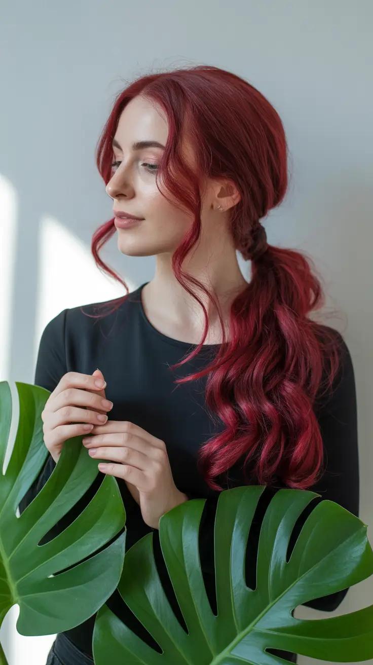 Trendy 2026 Hairstyles Ideas for Women Vibrant Red Waves with Relaxed Ponytail