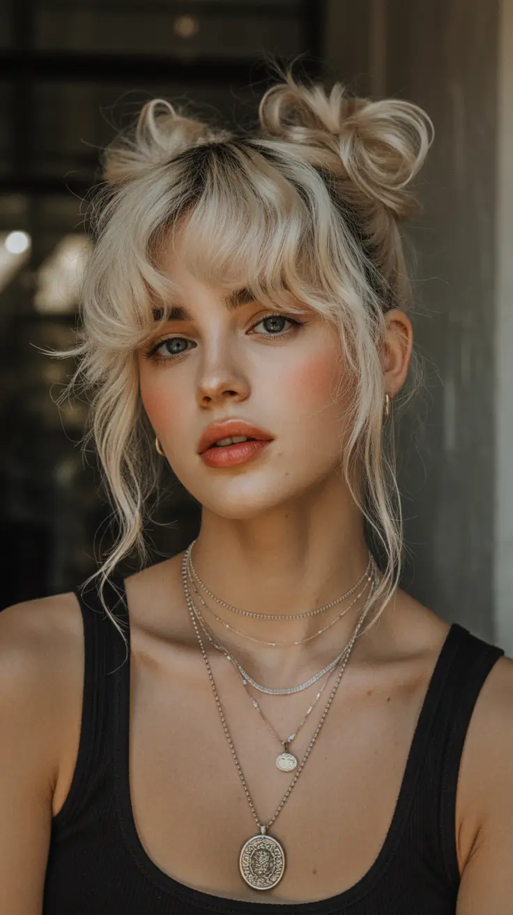 cute hairstyle 2026 Soft Buns with Curtain Bangs