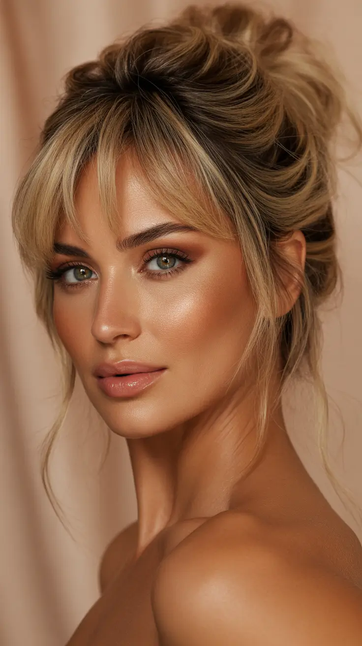 cute hairstyle 2026 Soft Blonde Updo with Face-Framing Bangs