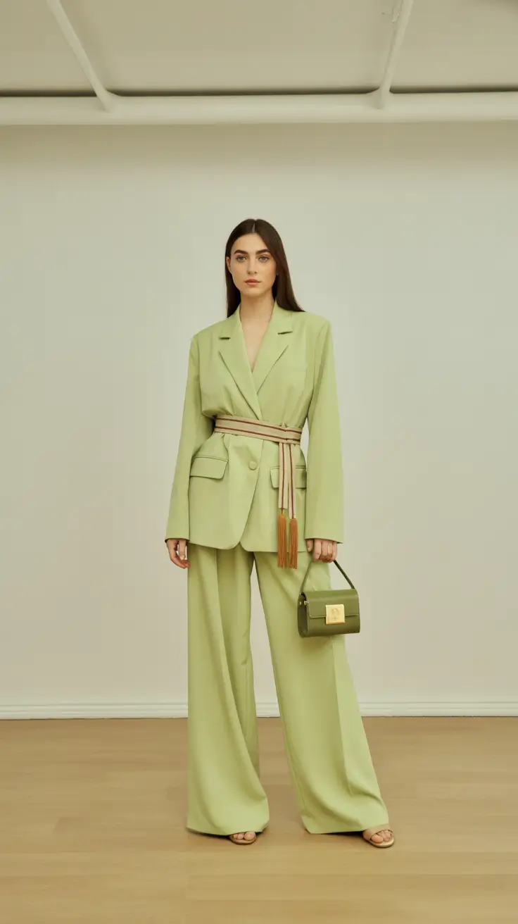 trendy outfits 2026 Sculpted Green Suit with Belted Elegance