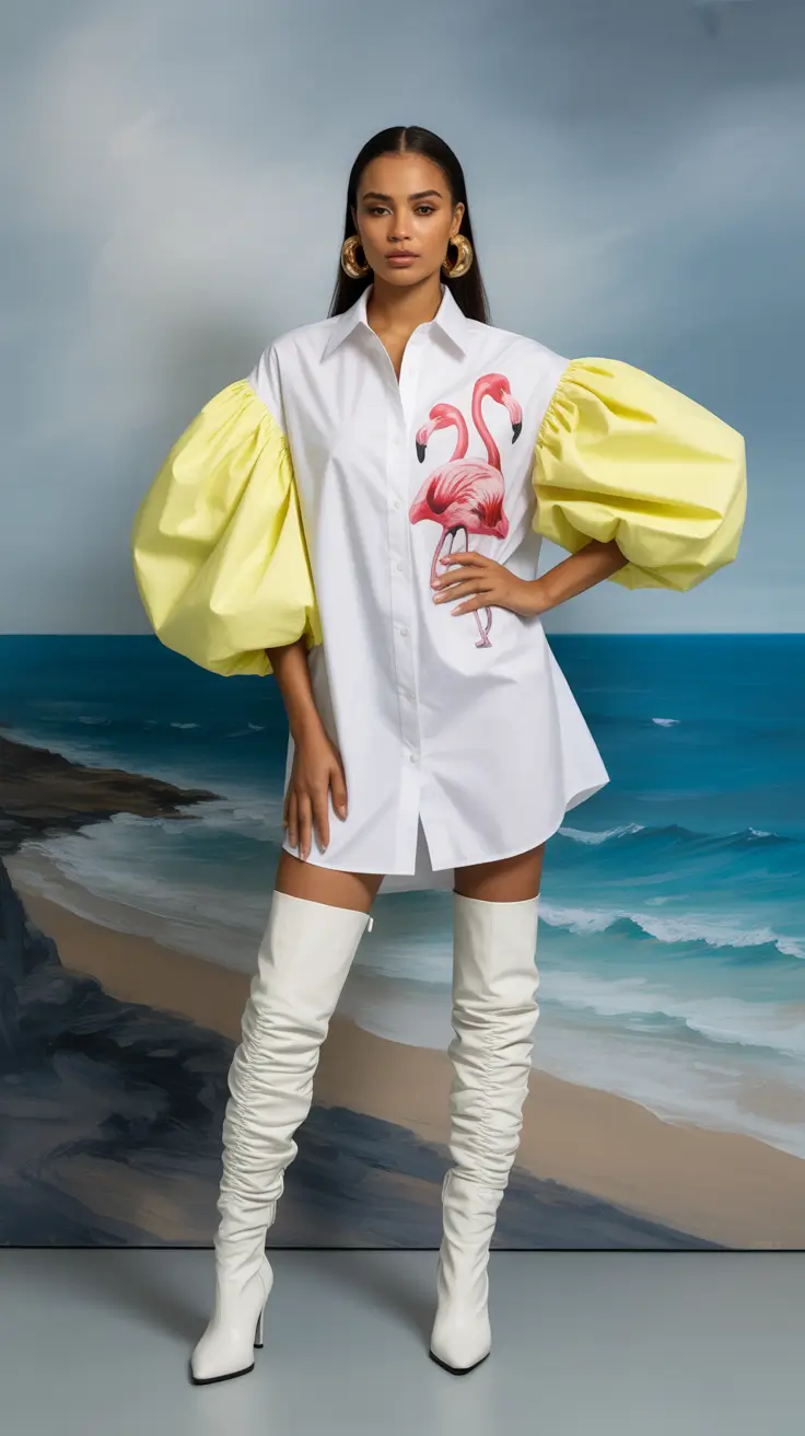 y2k outfits 2026 Puff Sleeve Flamingo Power