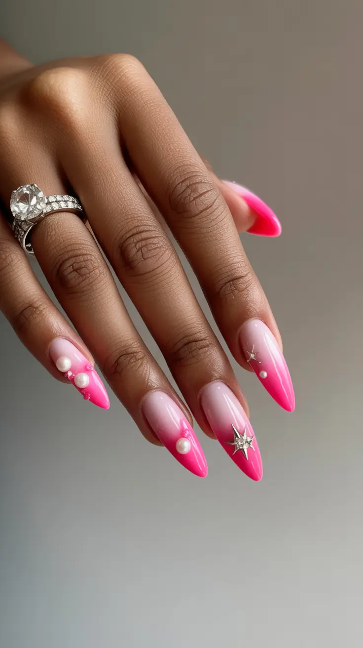 Birthday Nail Designs 2026 Hot Pink Ombre Pearls