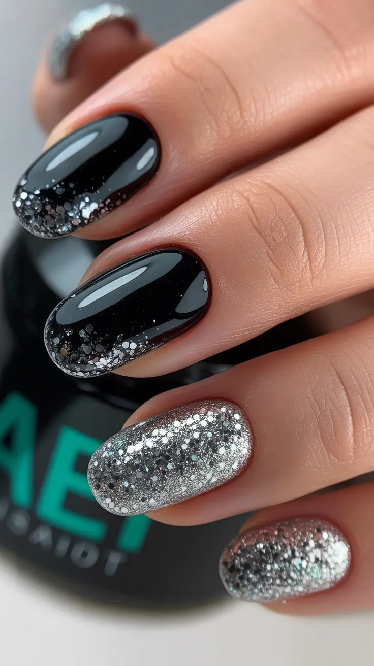 Black Nail Designs 2026 Silver Glitter