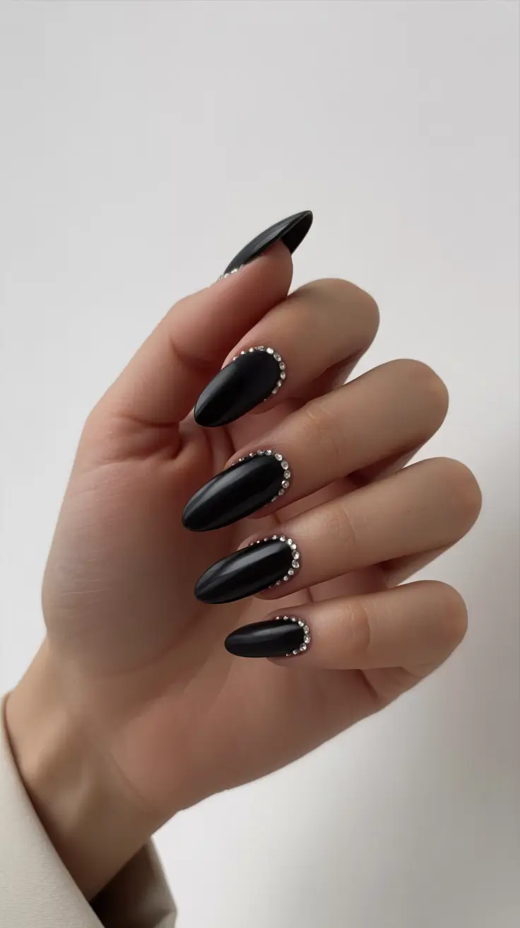 Black Nail Designs 2026 Crystal Almond