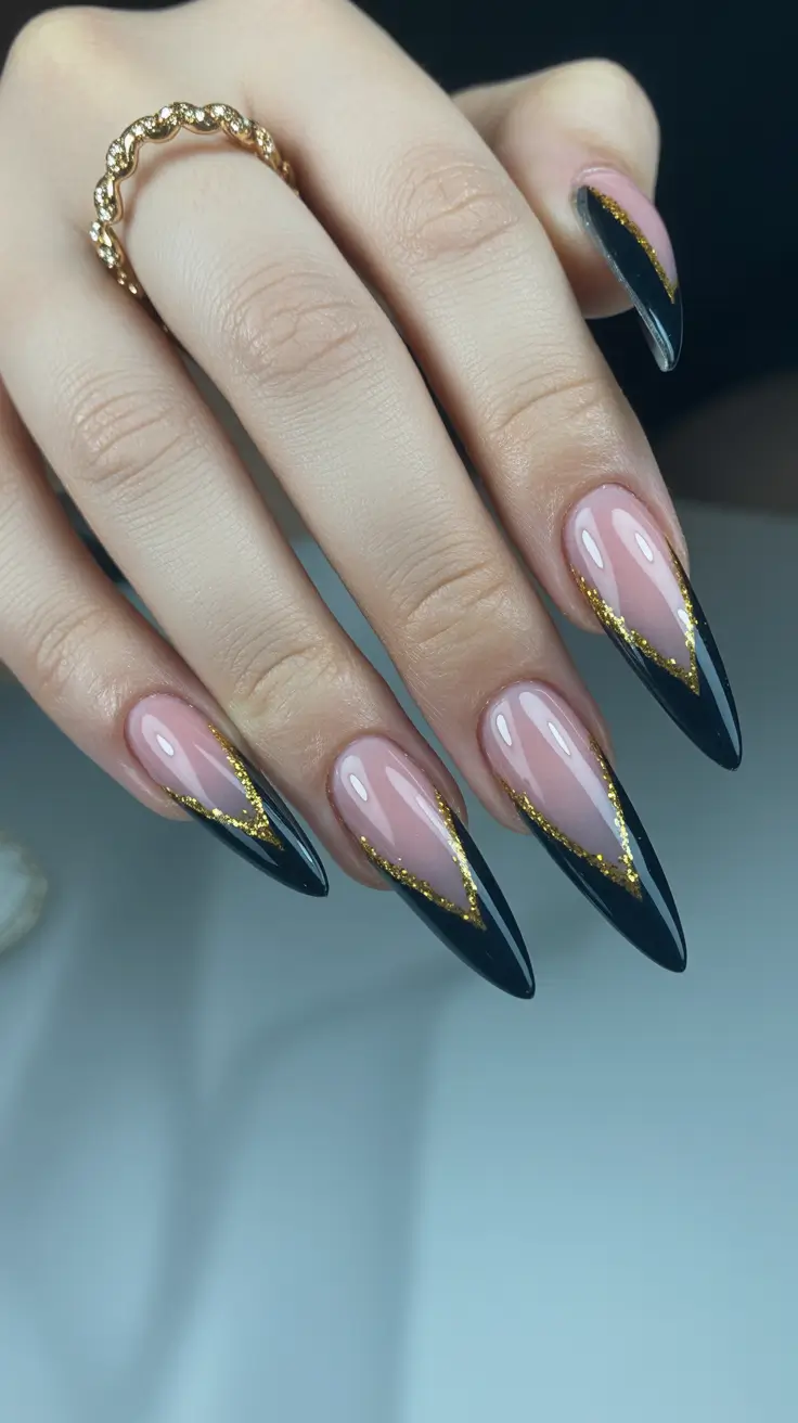 Black Nail Designs 2026 Gold Edge French