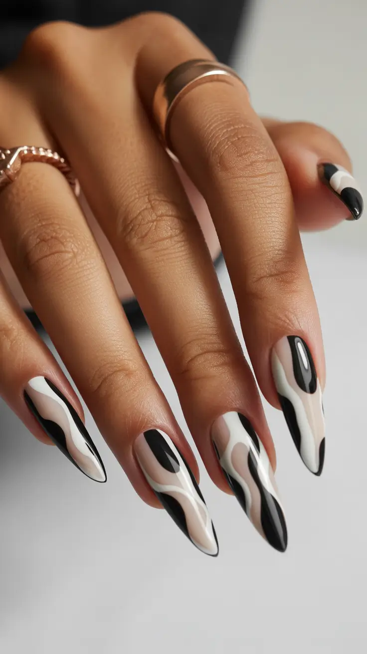 Black Nail Designs 2026 Black White Swirls