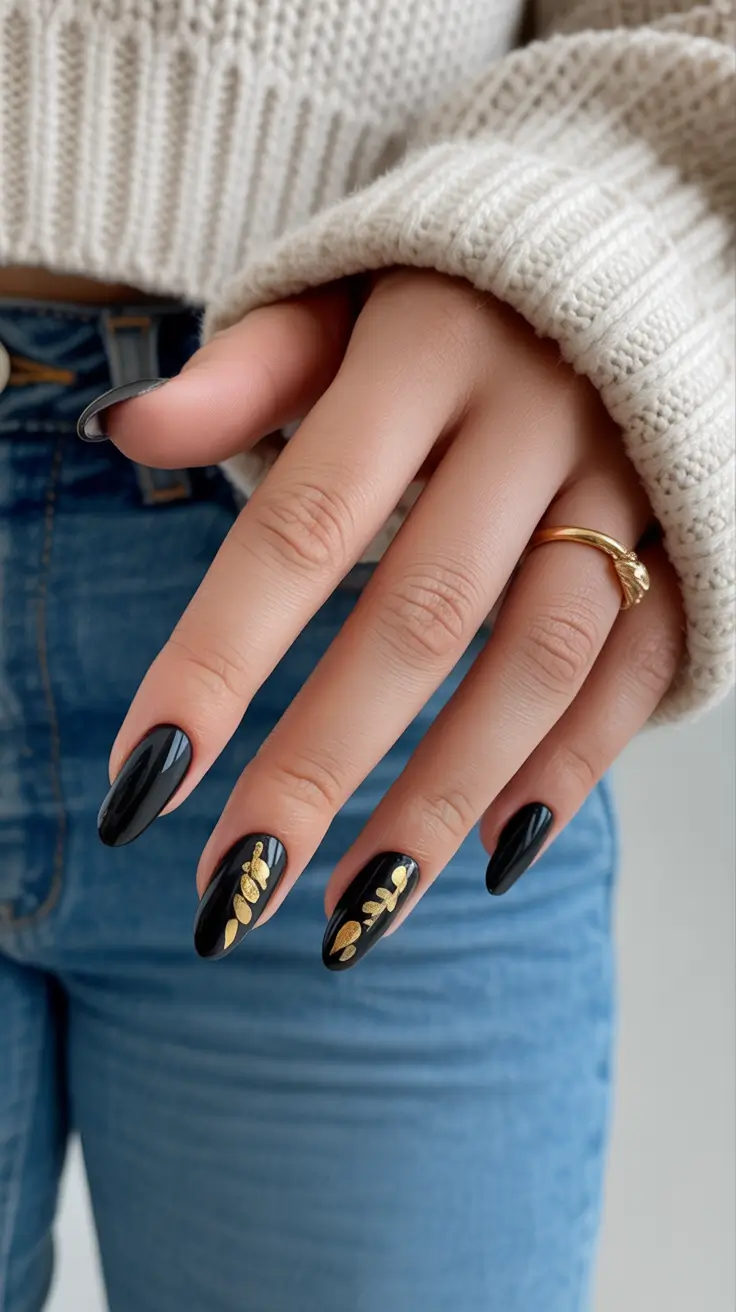 Black Nail Designs 2026 Gold Accent
