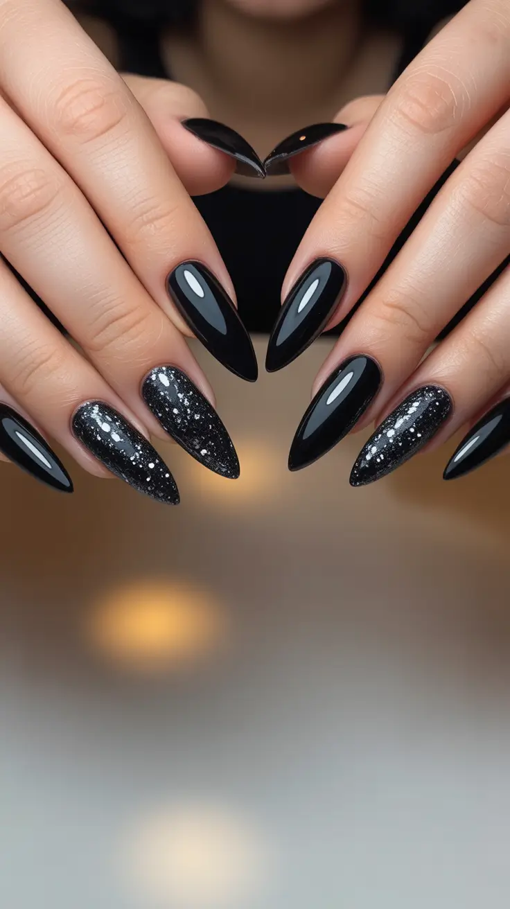 Black Nail Designs 2026 Glitter Accent