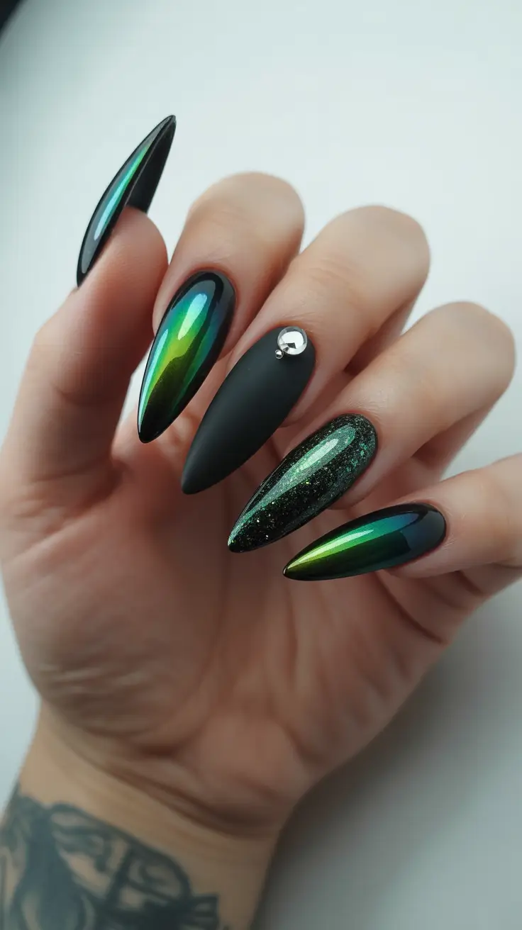 Black Nail Designs 2026 Green Chrome