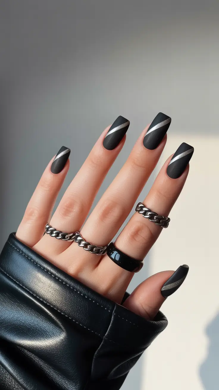 Black Nail Designs 2026 Silver Line Art