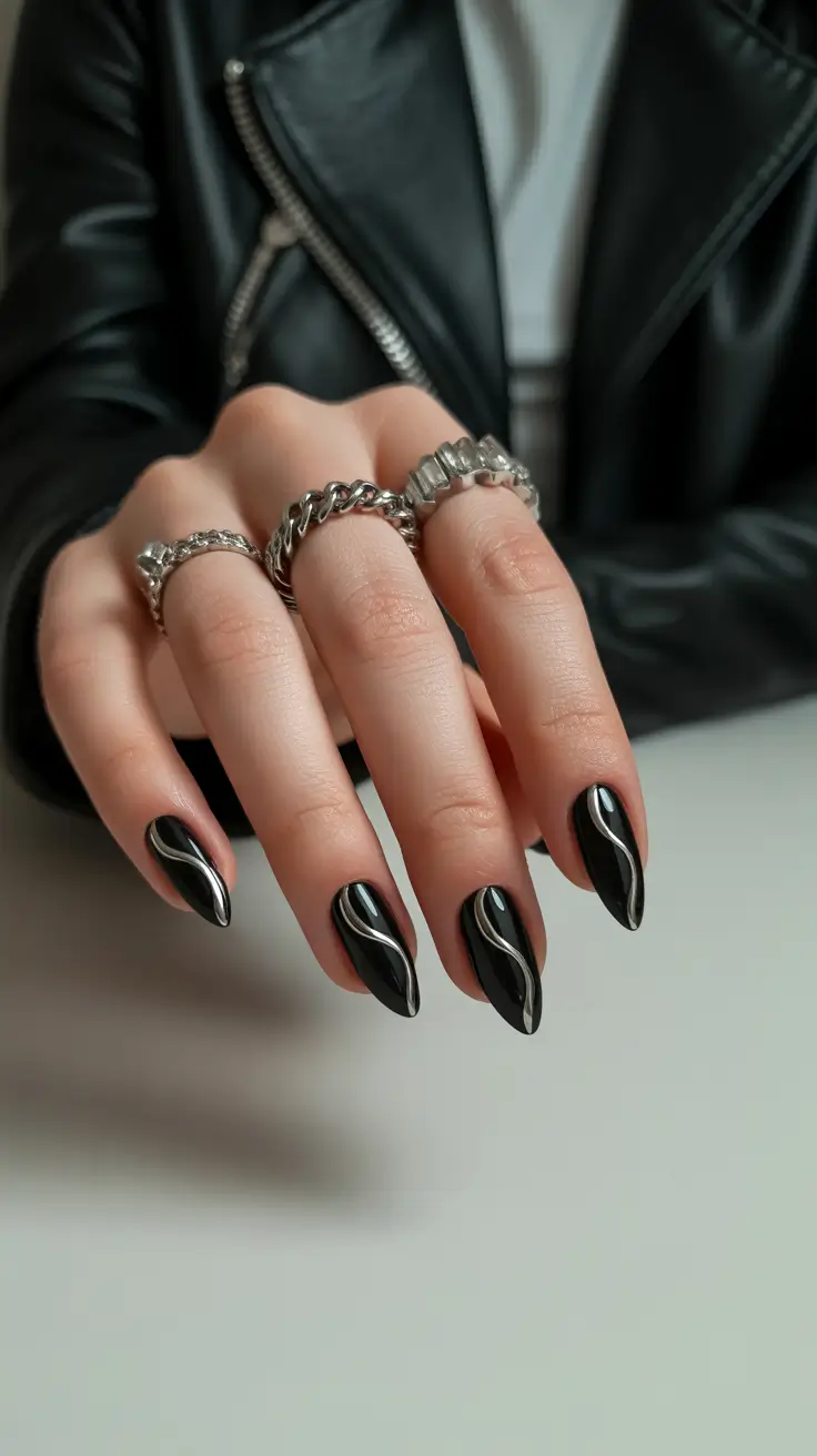 Black Nail Designs 2026 Metallic Wave