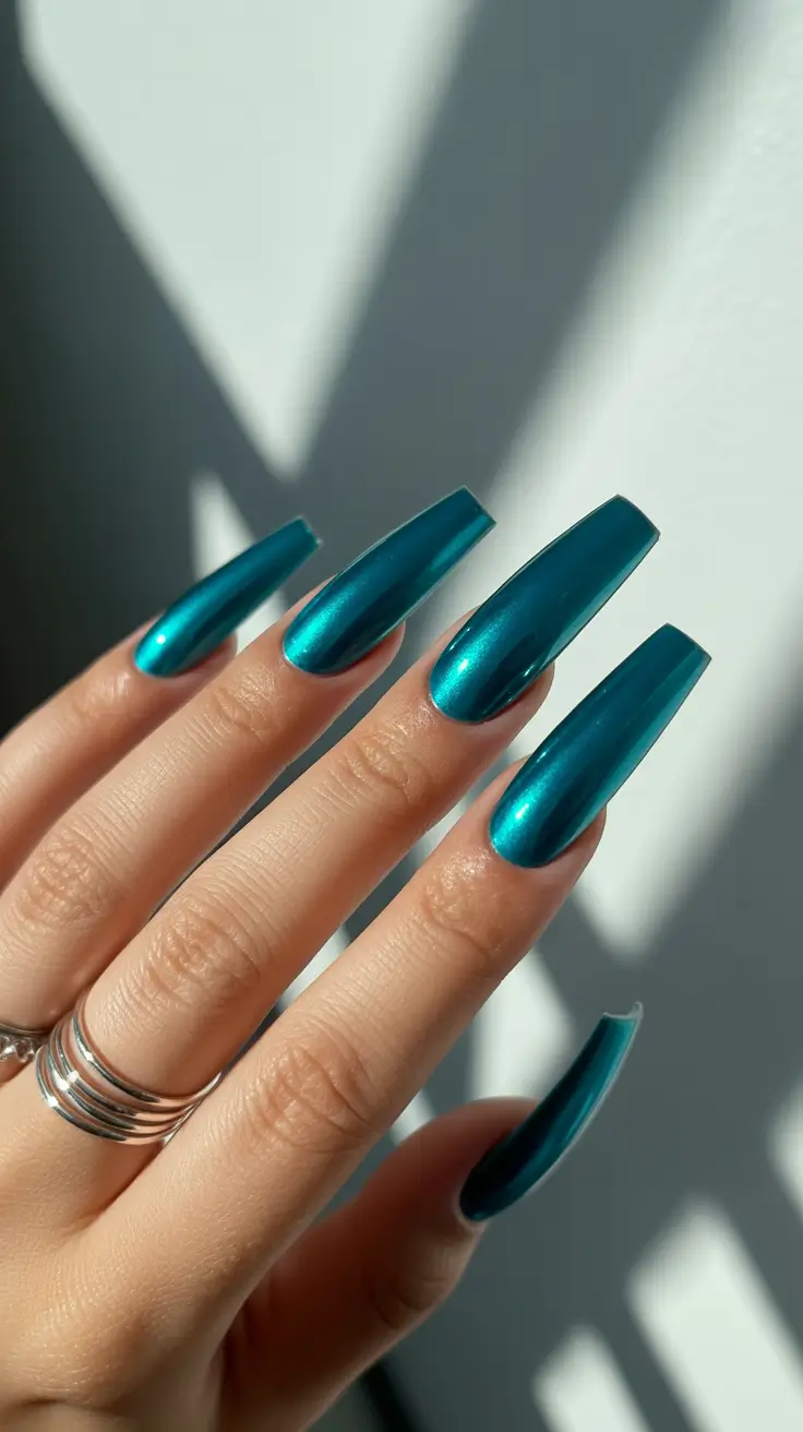 Blue Nails Inspiration 2026 Teal Chrome Coffin Nails