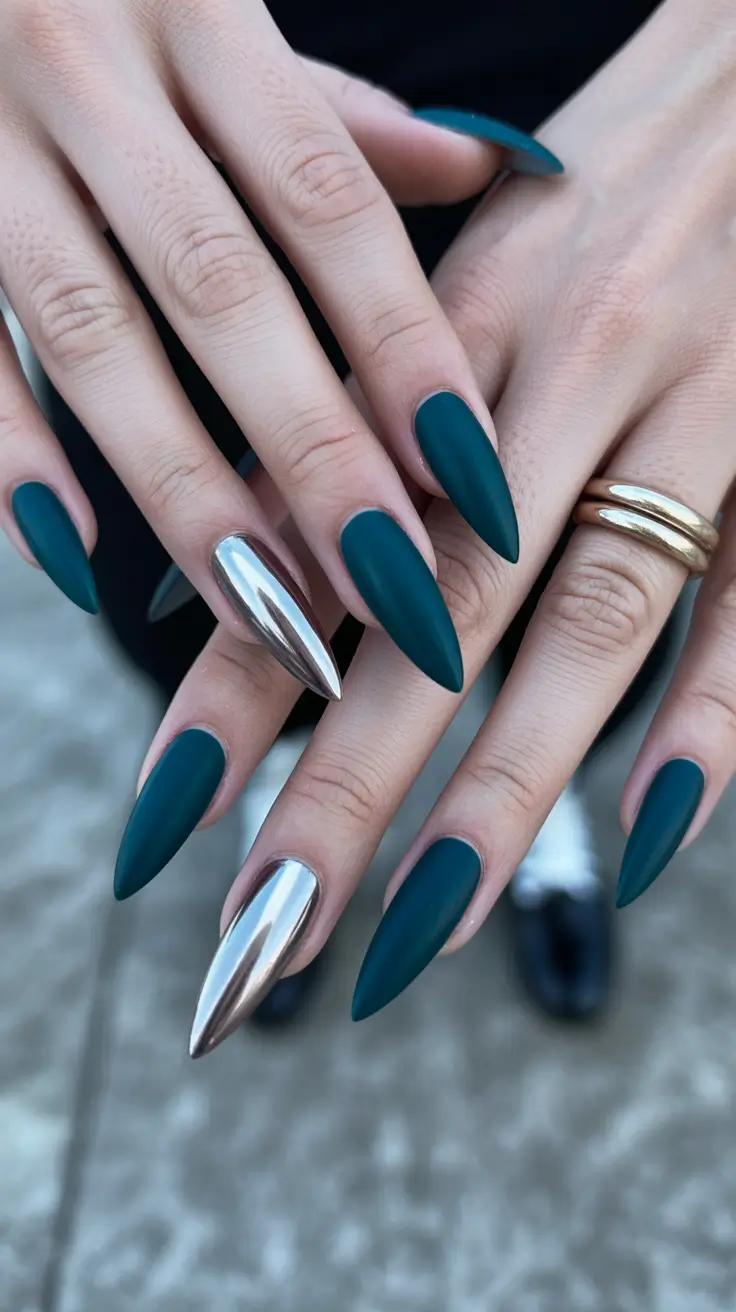 Blue Nails Inspiration 2026 Matte Teal With Silver Chrome Accents