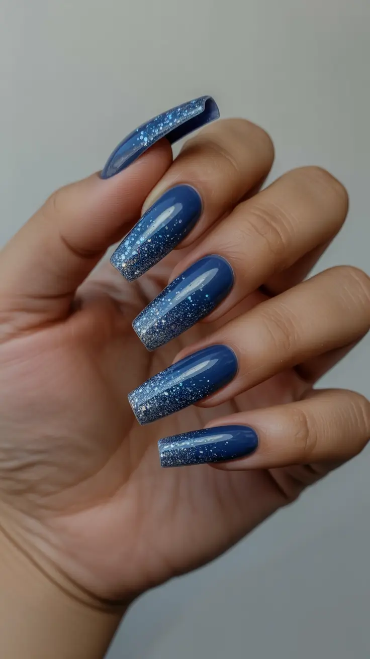 Blue Nails Inspiration 2026 Denim Blue Glitter Fade Coffin Nails