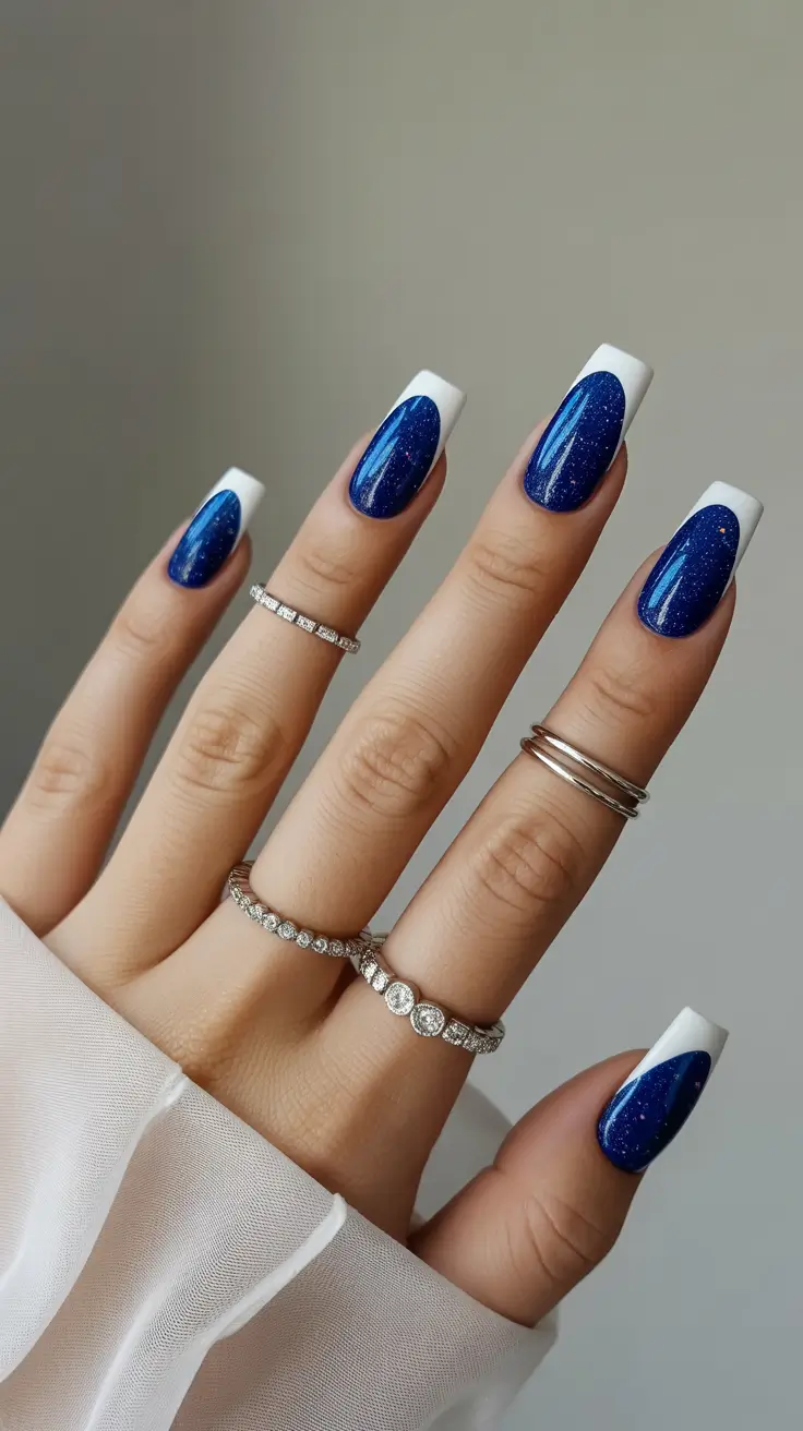 Blue Nails Inspiration 2026 White Tip French With Starry Navy