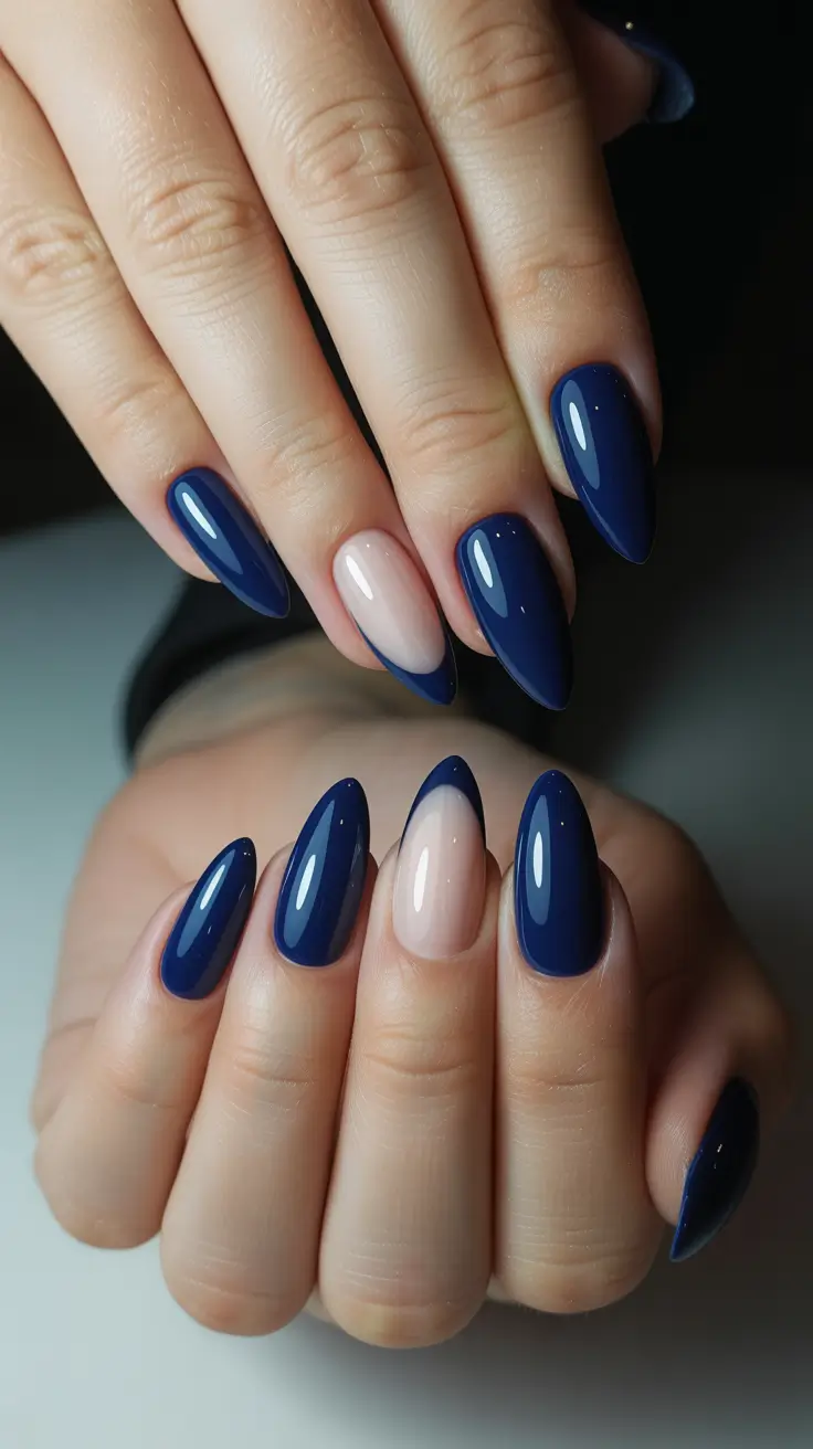 Blue Nails Inspiration 2026 Navy And Nude Almond Nails