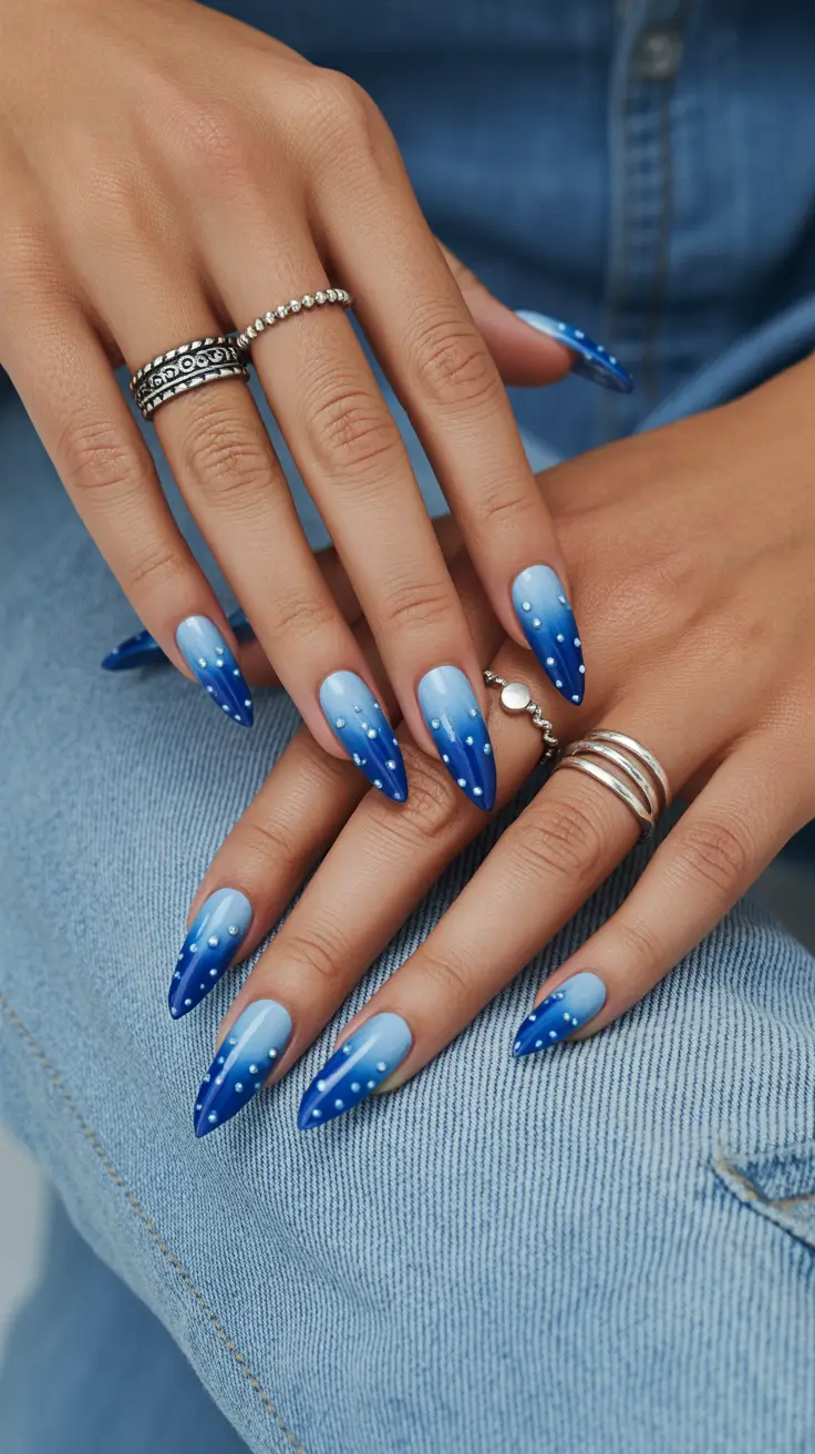 Blue Nails Inspiration 2026 Denim Blue Ombre With Pearl Dots