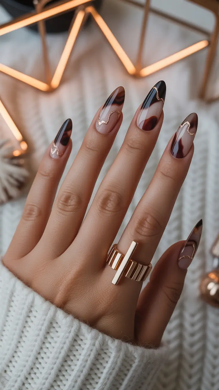 Brown Nails Inspiration 2026 Abstract Brown French Gold Lines