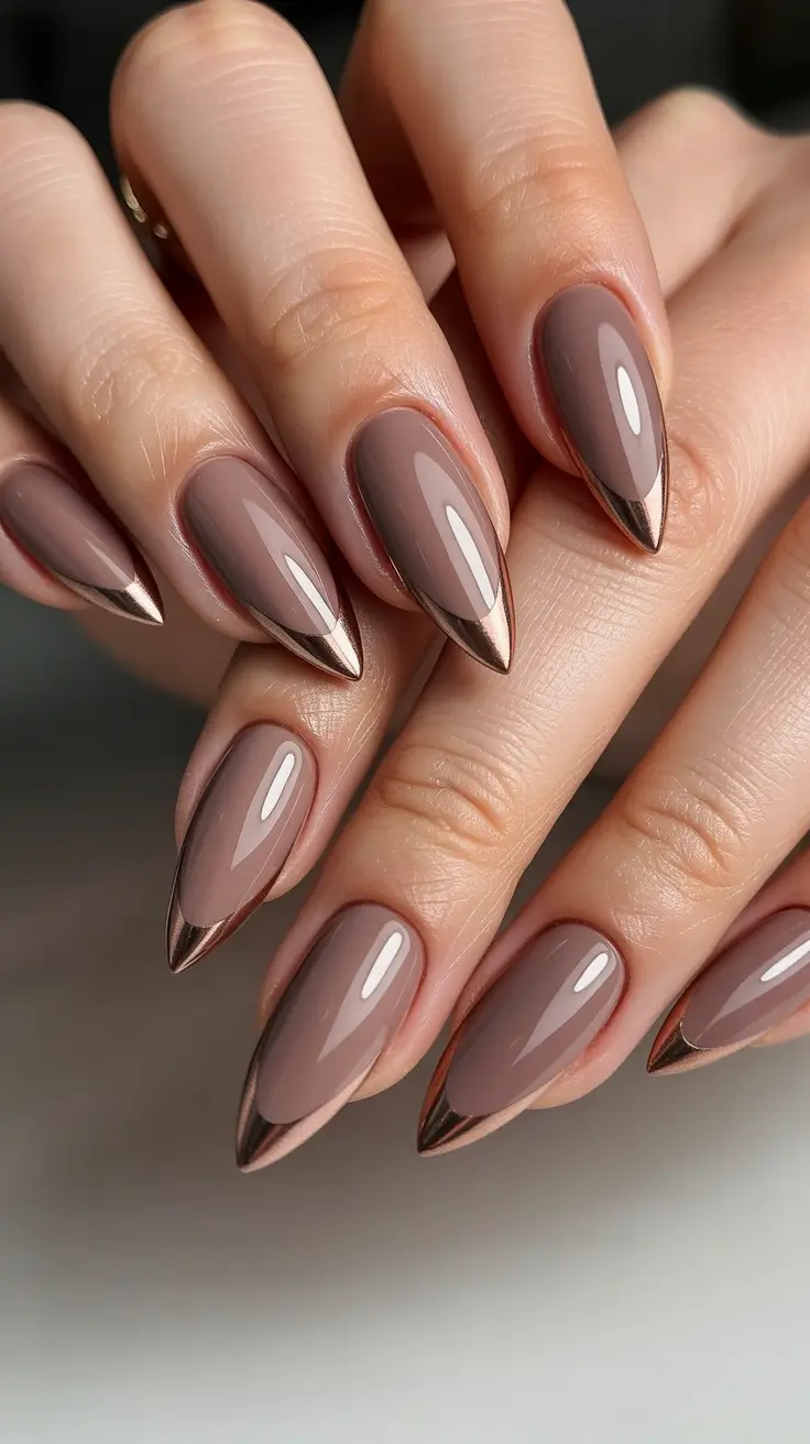 Brown Nails Inspiration 2026 Taupe Almond Metallic Tips