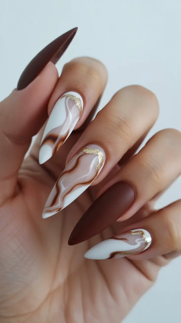 Brown Nails Inspiration 2026 Chocolate White Swirl Gold