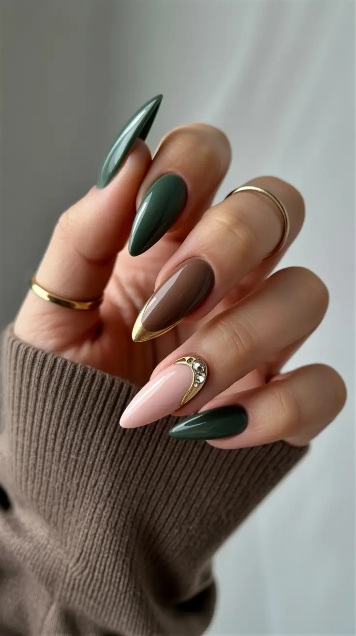 Brown Nails Inspiration 2026 Green Brown Nude Jewel Almond