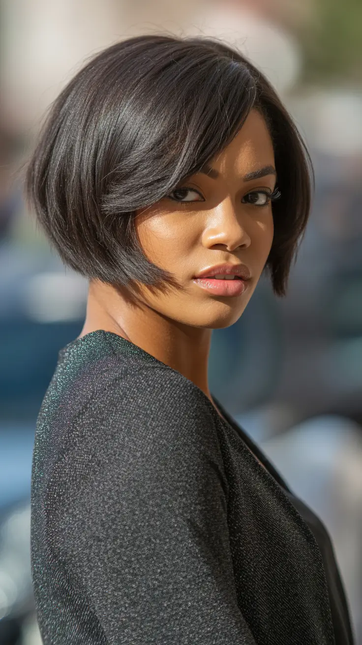 Choppy Bob Haircuts 2026 Glossy Stacked Bob With Deep Side Part