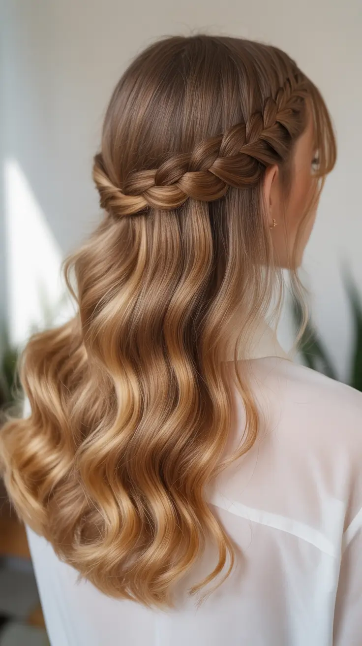 wavy hairstyle 2026 Soft Half Up Waves With Crown Braid