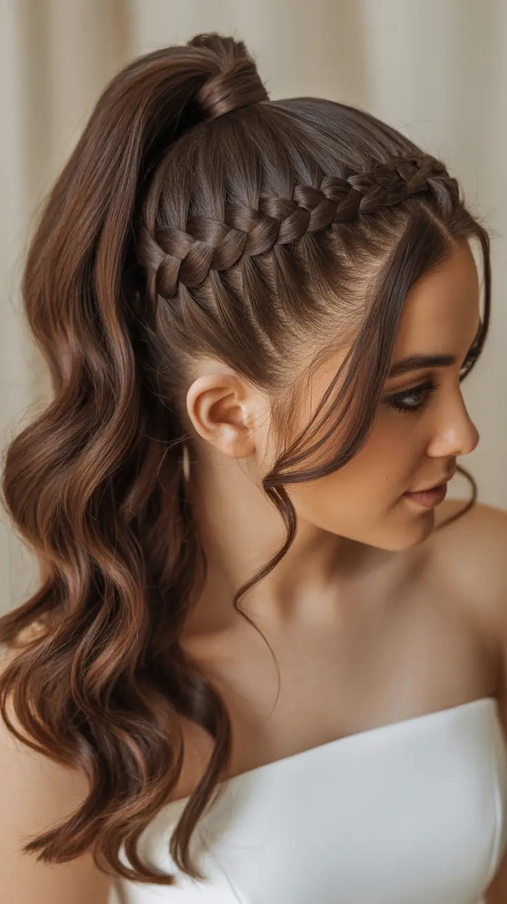 wavy hairstyle 2026 High Braided Ponytail With Loose Waves