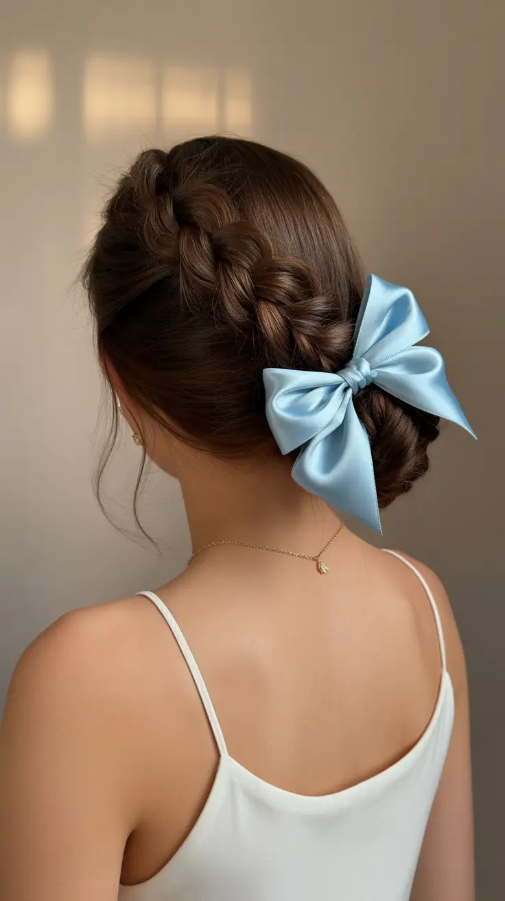 wavy hairstyle 2026 Low Braided Bun With Satin Bow